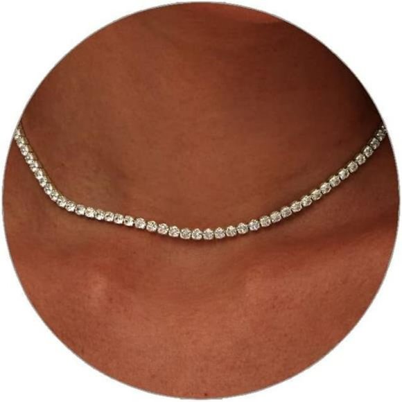 14K Gold Tennis Necklace: Rhinestone Butterfly Choker - Picture 1 of 7